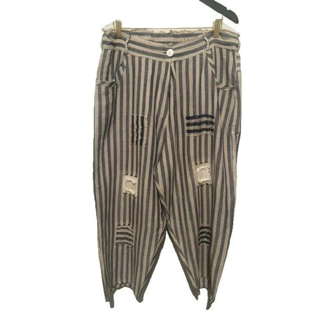 Paper Lace Womens Pants Size 1X Blue Stripe Patchwork Linen Button Closure Boho